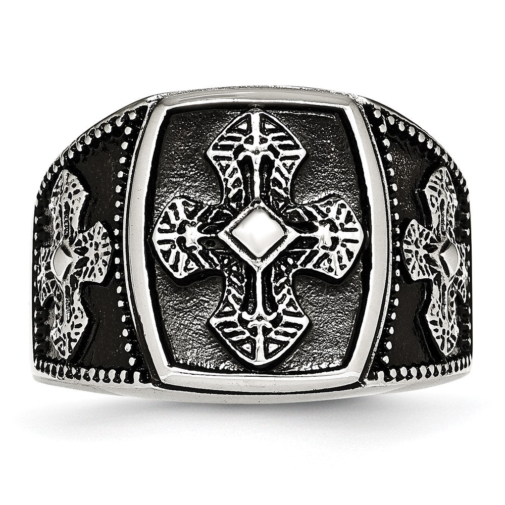 Chisel Stainless Steel Antiqued Polished and Textured Cross Ring