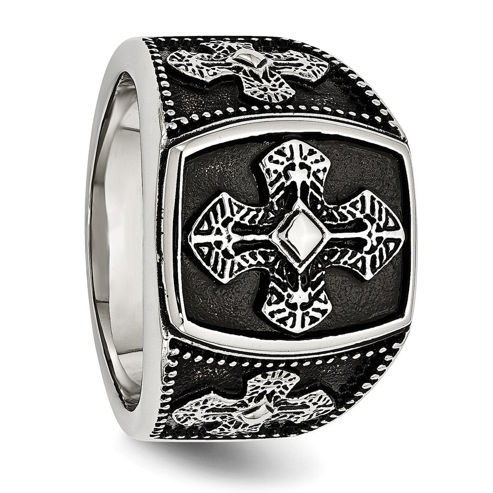 Chisel Stainless Steel Antiqued Polished and Textured Cross Ring