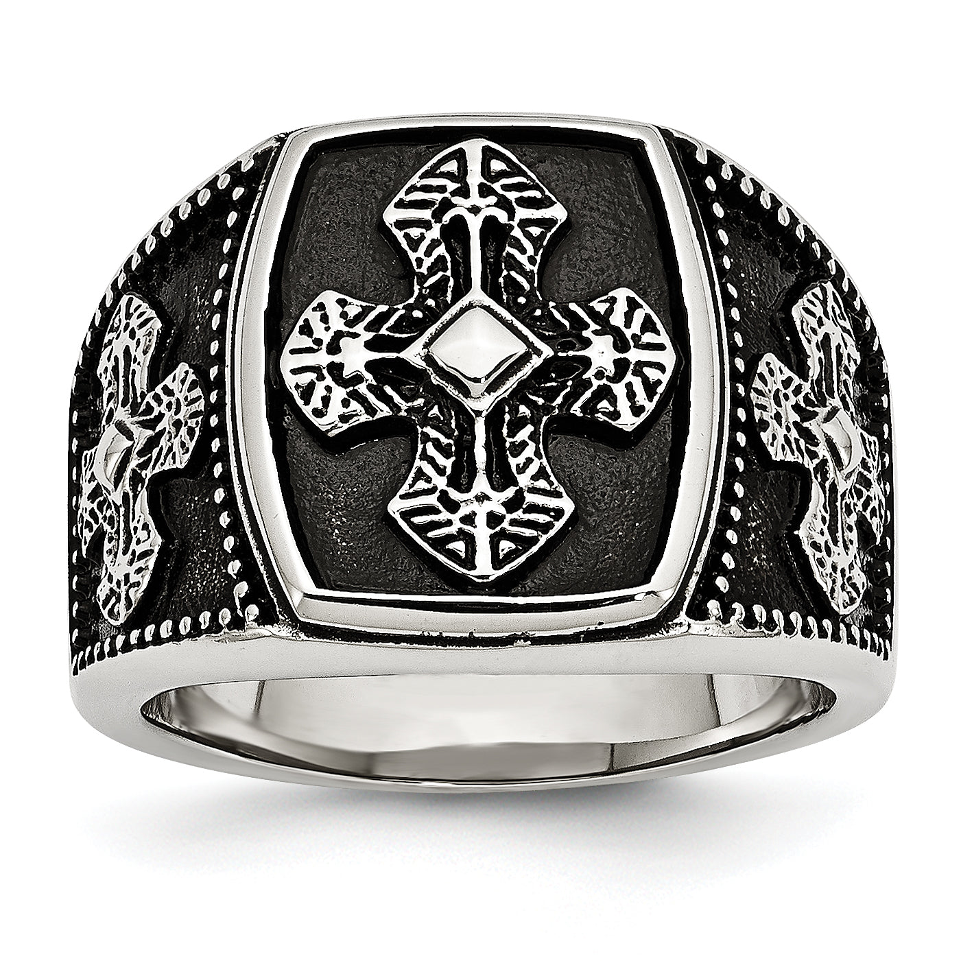 Chisel Stainless Steel Antiqued Polished and Textured Cross Ring