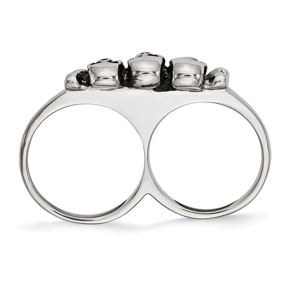 Stainless Steel Polished & Antiqued Two Finger 8/9 Skulls Ring