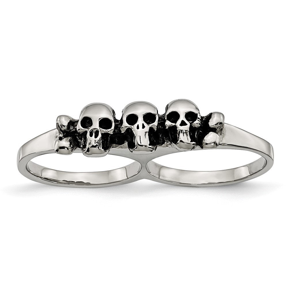 Stainless Steel Polished & Antiqued Two Finger 7/8 Skulls Ring