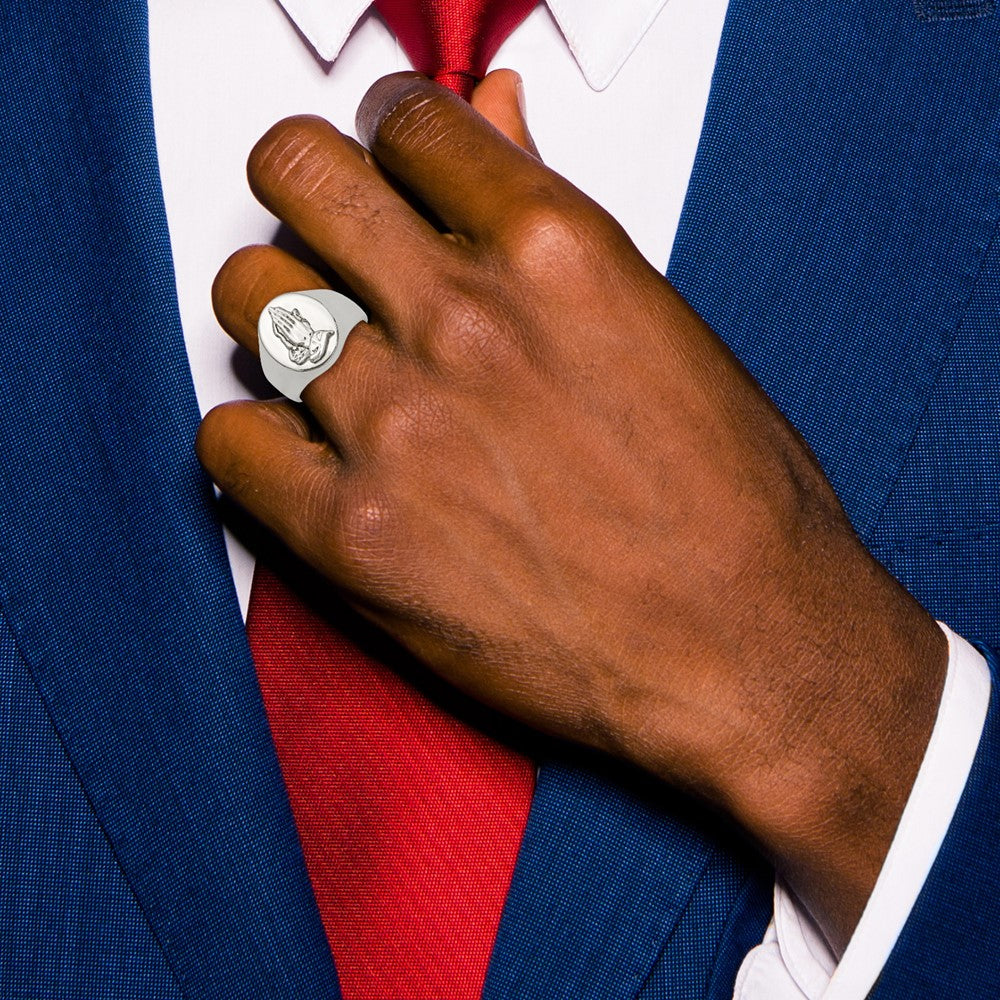 Chisel Stainless Steel Polished with Sterling Silver Praying Hands Ring