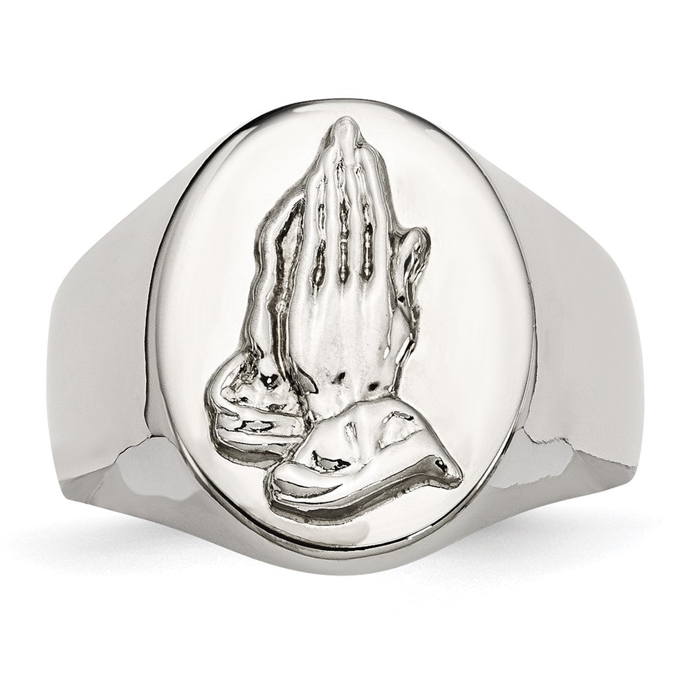 Chisel Stainless Steel Polished with Sterling Silver Praying Hands Ring