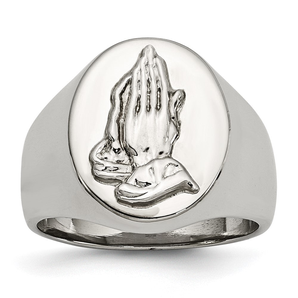 Chisel Stainless Steel Polished with Sterling Silver Praying Hands Ring