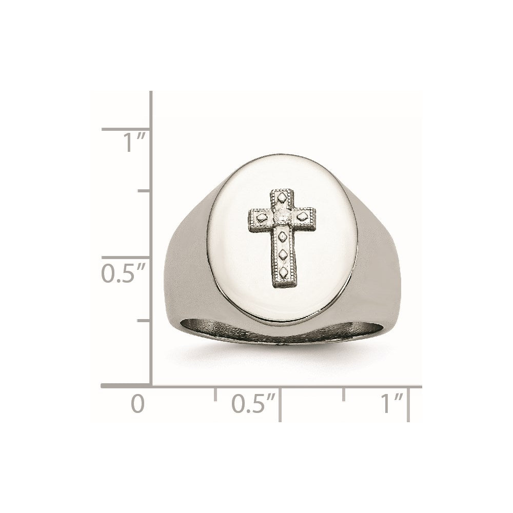 Chisel Stainless Steel Polished with Sterling Silver Cross and CZ Signet Ring