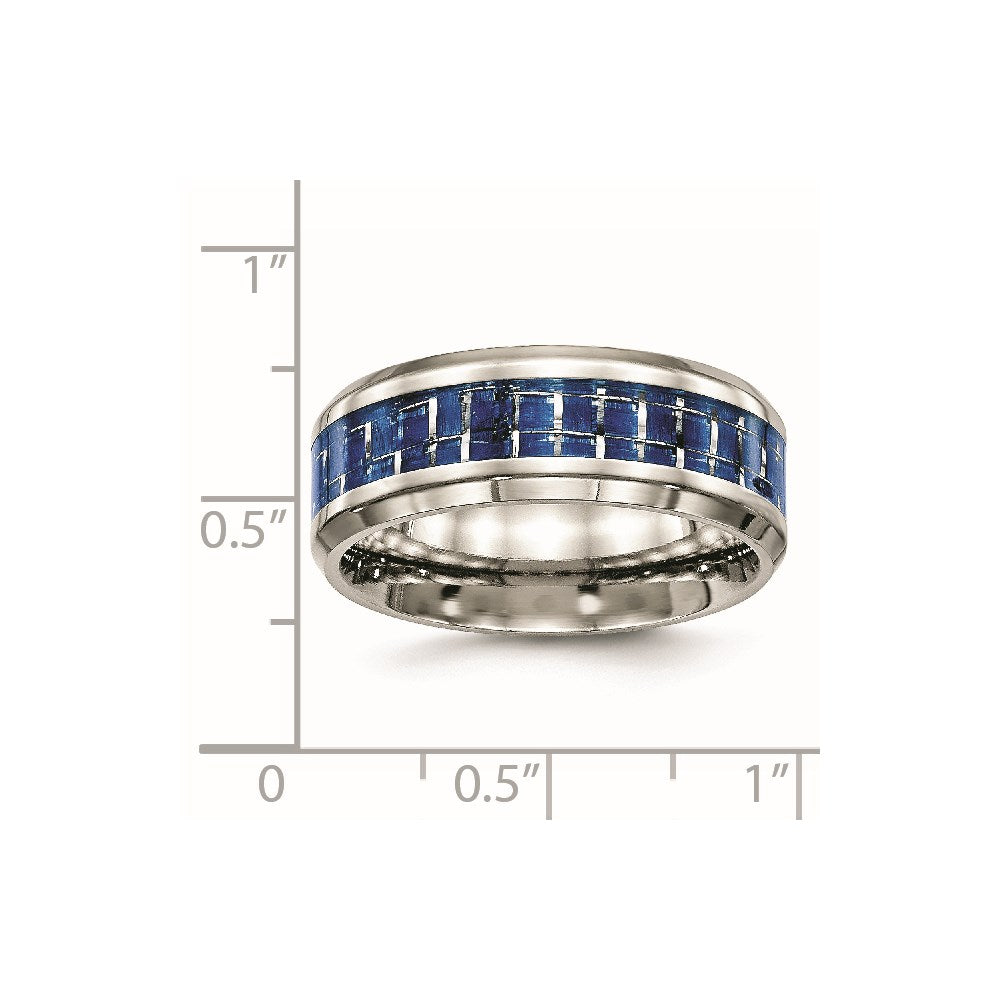 Chisel Stainless Steel Polished with Blue Carbon Fiber Inlay 8mm Beveled Edge Band