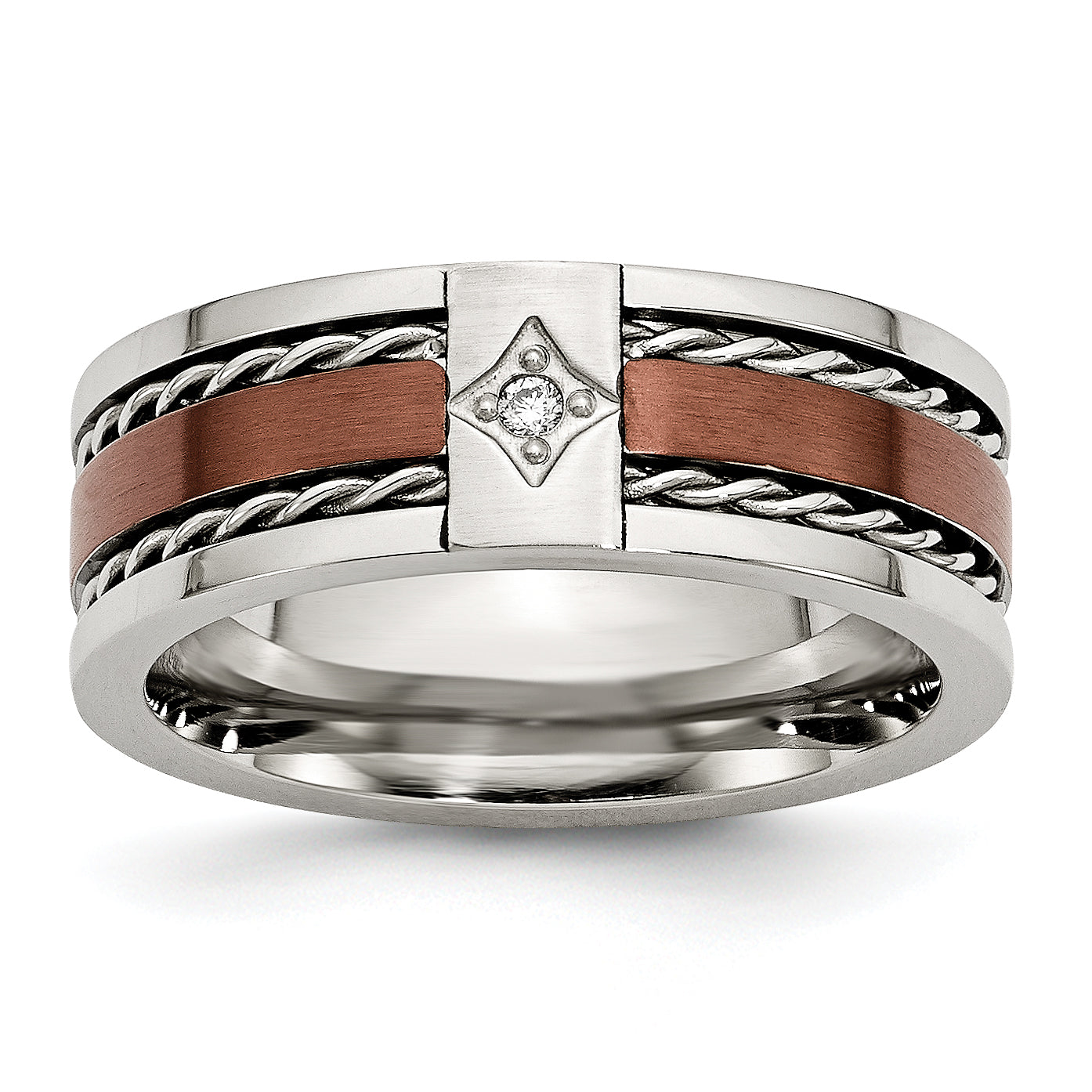 Chisel Stainless Steel Brushed and Polished Brown IP-plated .02 Carat Diamond 8mm Band