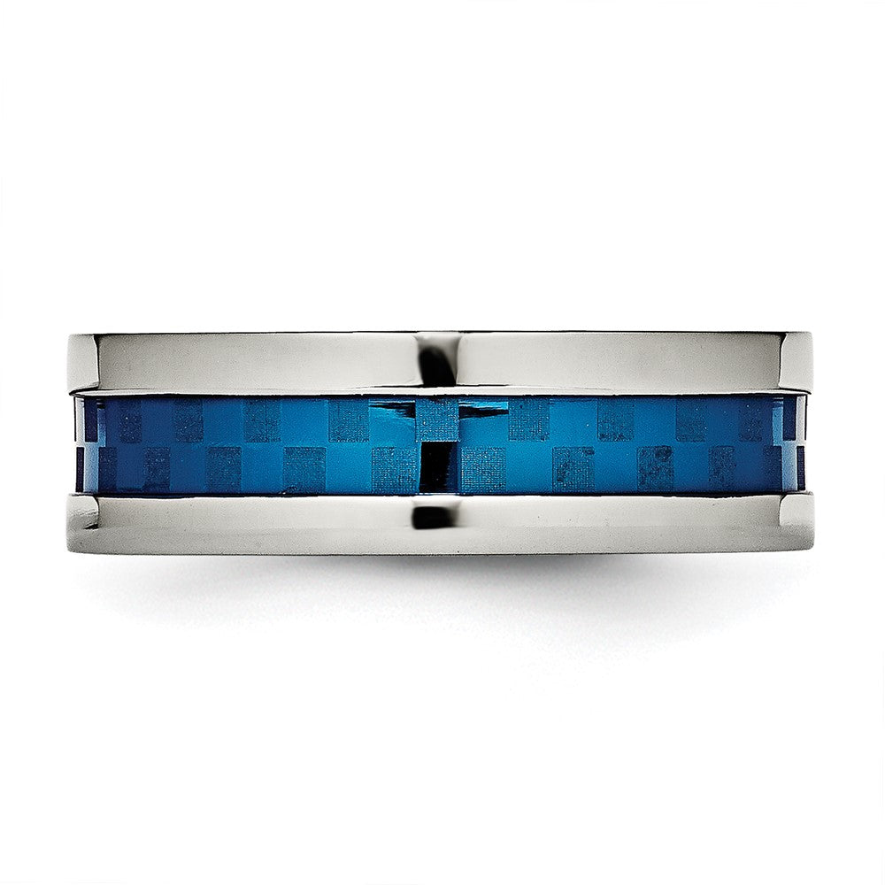 Chisel Stainless Steel Polished Blue IP-plated Checkered Design 7mm Band