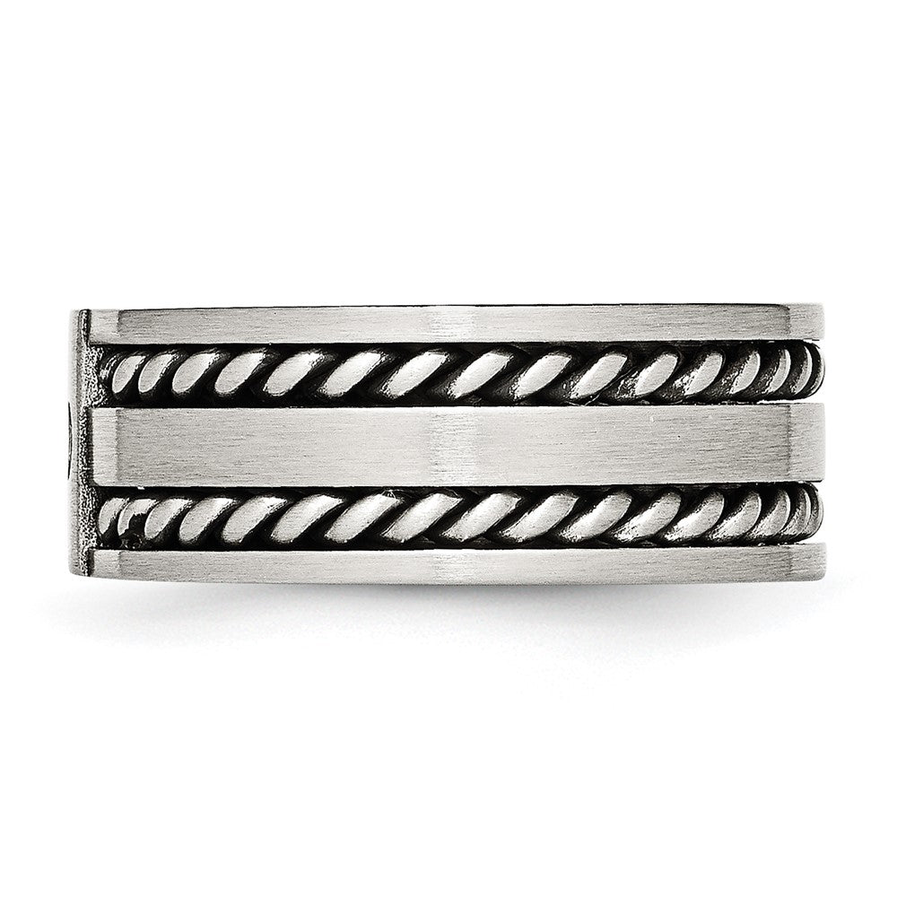 Stainless Steel Antiqued and Brushed w/CZ Twisted 9mm Flat Band