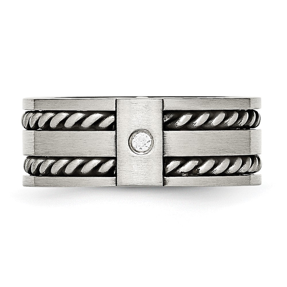 Stainless Steel Antiqued and Brushed w/CZ Twisted 9mm Flat Band