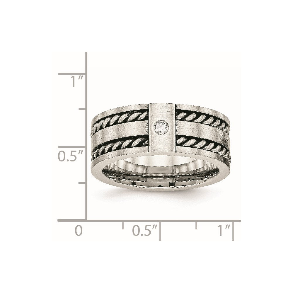 Stainless Steel Antiqued and Brushed w/CZ Twisted 9mm Flat Band