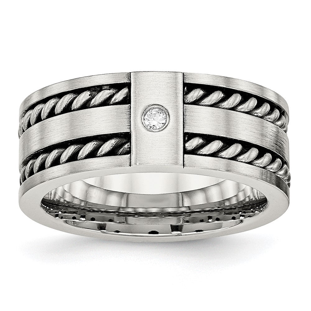 Stainless Steel Antiqued and Brushed w/CZ Twisted 9mm Flat Band