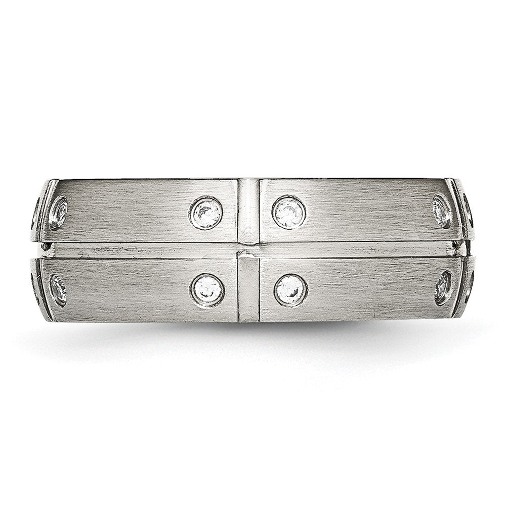 Stainless Steel Brushed and Grooved w/CZ 8mm Half Round Band