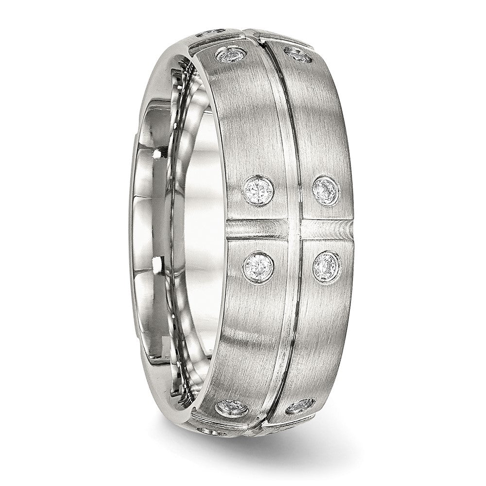 Stainless Steel Brushed and Grooved w/CZ 8mm Half Round Band