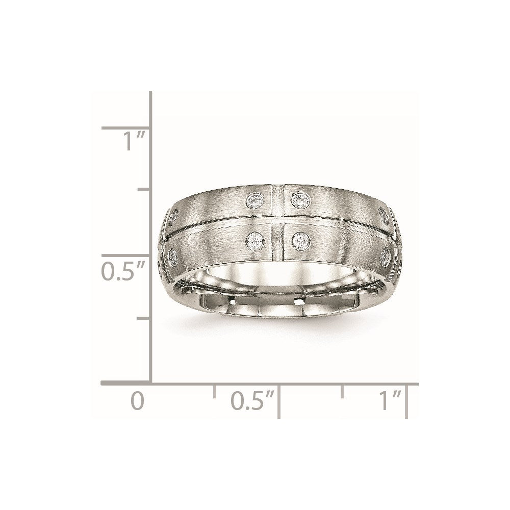 Stainless Steel Brushed and Grooved w/CZ 8mm Half Round Band