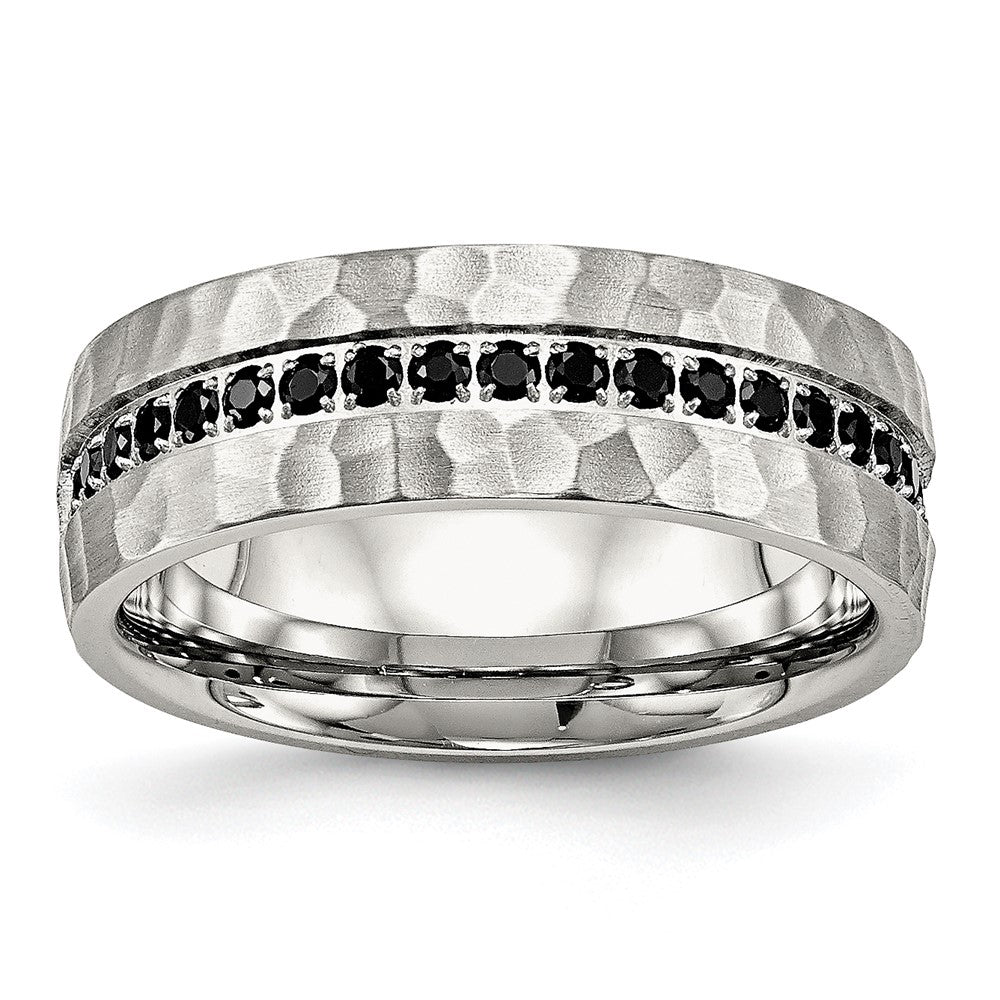 Chisel Stainless Steel Brushed and Hammered with Black CZ 7.5mm Band