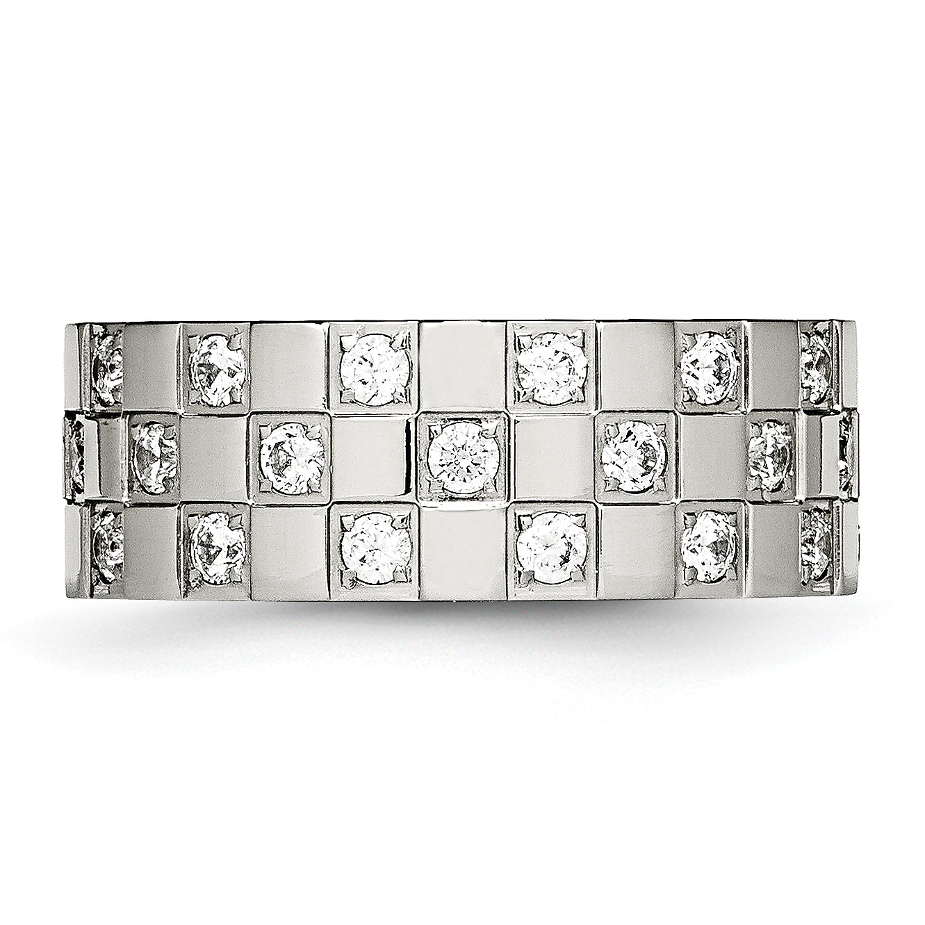Stainless Steel Polished w/CZ Checkered 8mm Flat Band