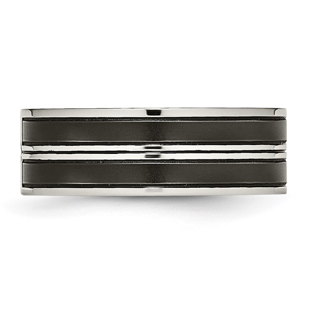 Stainless Steel Polished w/Brushed Center Black IP-plated CZ 8mm Band