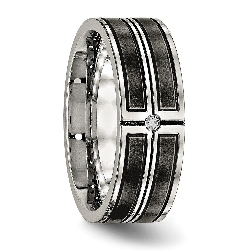 Stainless Steel Polished w/Brushed Center Black IP-plated CZ 8mm Band