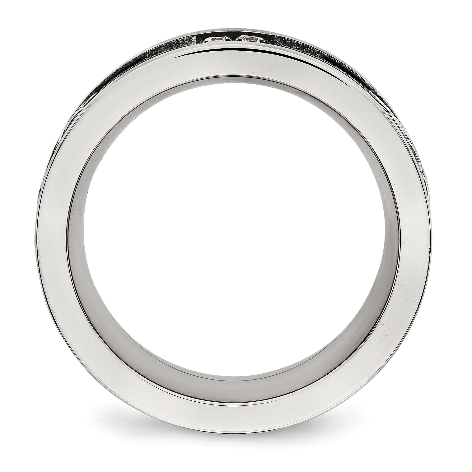 Stainless Steel Polished Black IP Laser Cut w/Cable Inlay & CZ 8mm Band