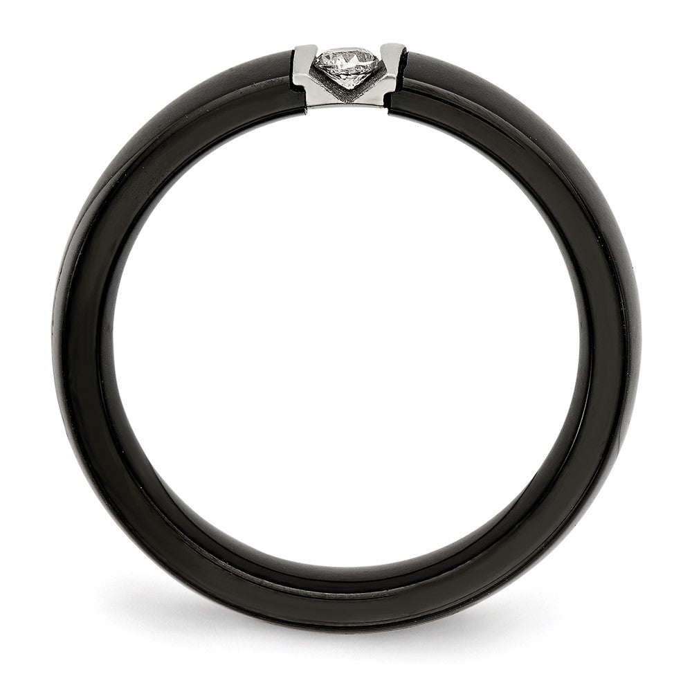 Chisel Stainless Steel Polished and Laser Cut Black Ceramic with CZ Ring