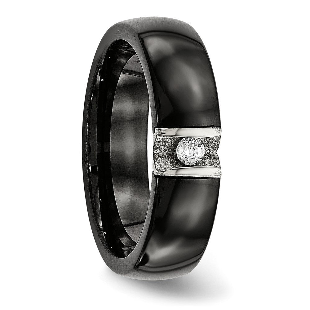 Chisel Stainless Steel Polished and Laser Cut Black Ceramic with CZ Ring