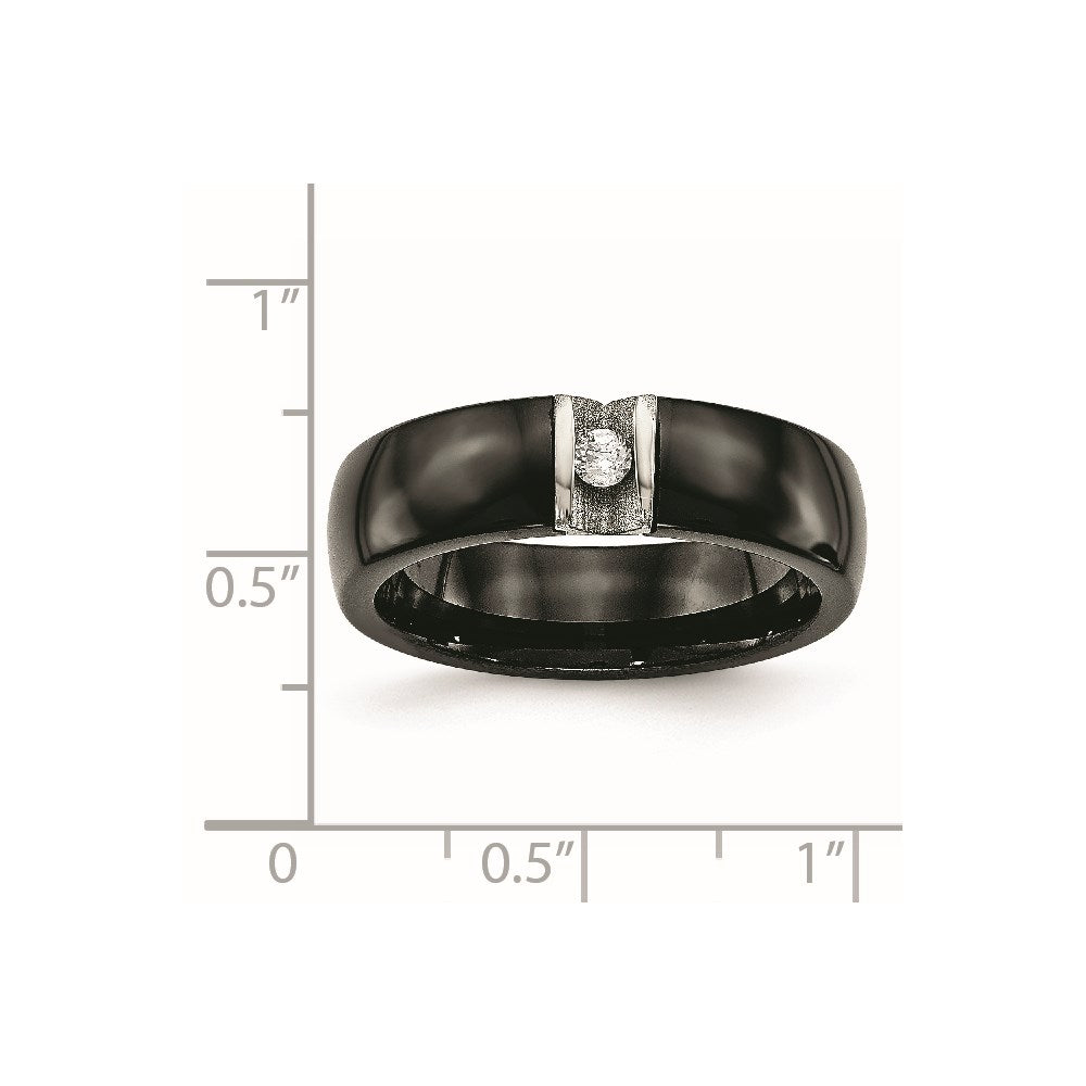 Chisel Stainless Steel Polished and Laser Cut Black Ceramic with CZ Ring