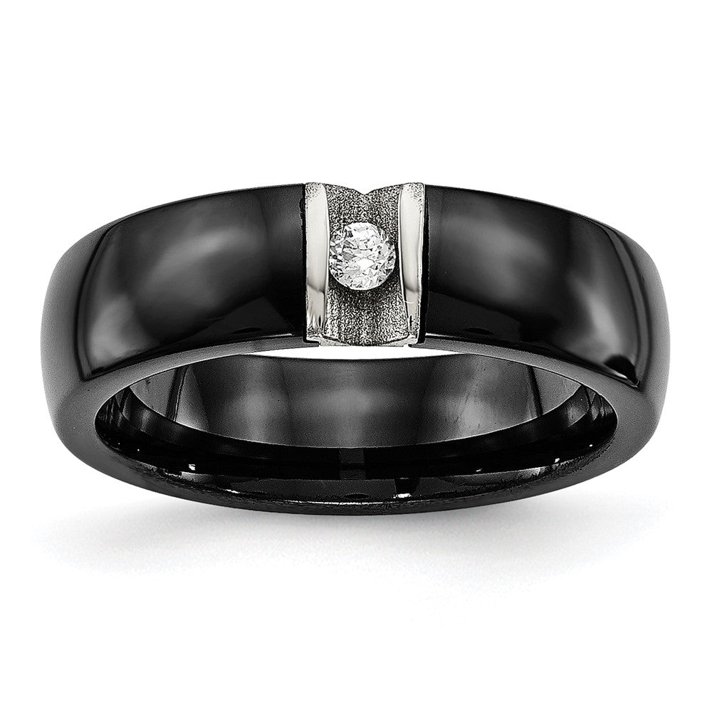 Chisel Stainless Steel Polished and Laser Cut Black Ceramic with CZ Ring