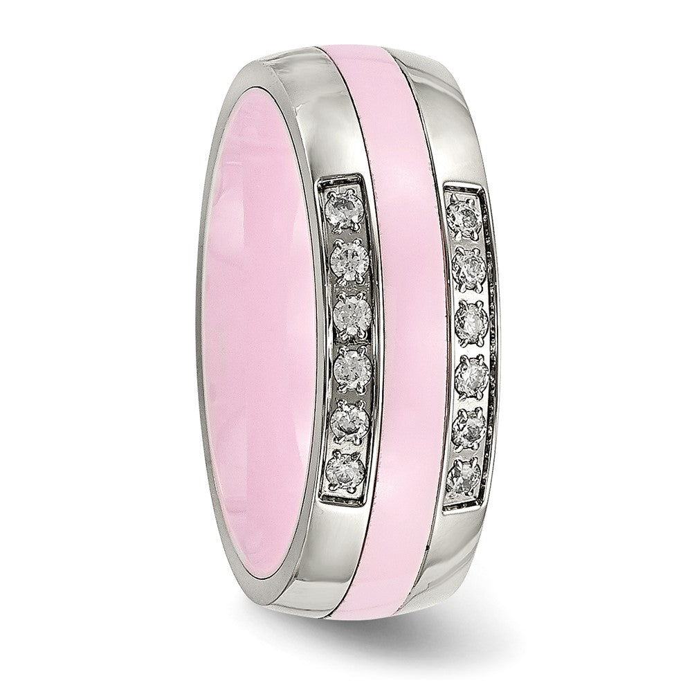 Stainless Steel Polished Pink Ceramic CZ Ring