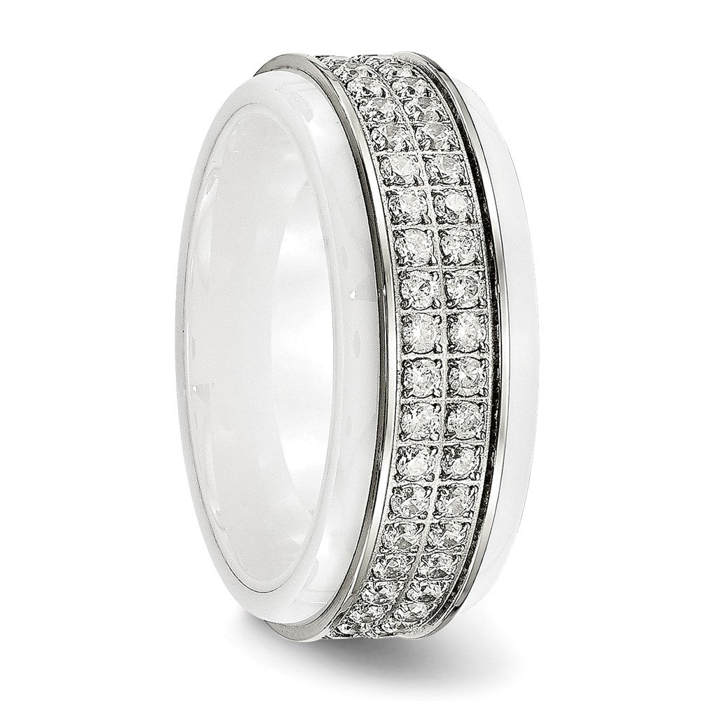 Chisel Stainless Steel Polished White Ceramic CZ Ridged Edge Ring