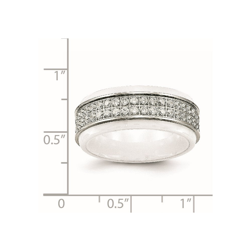 Chisel Stainless Steel Polished White Ceramic CZ Ridged Edge Ring