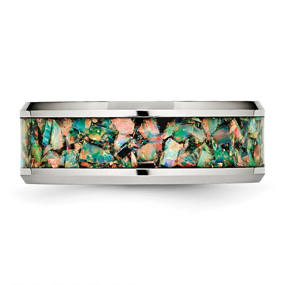 Chisel Stainless Steel Polished with Imitation Opal Inlay 8mm Band
