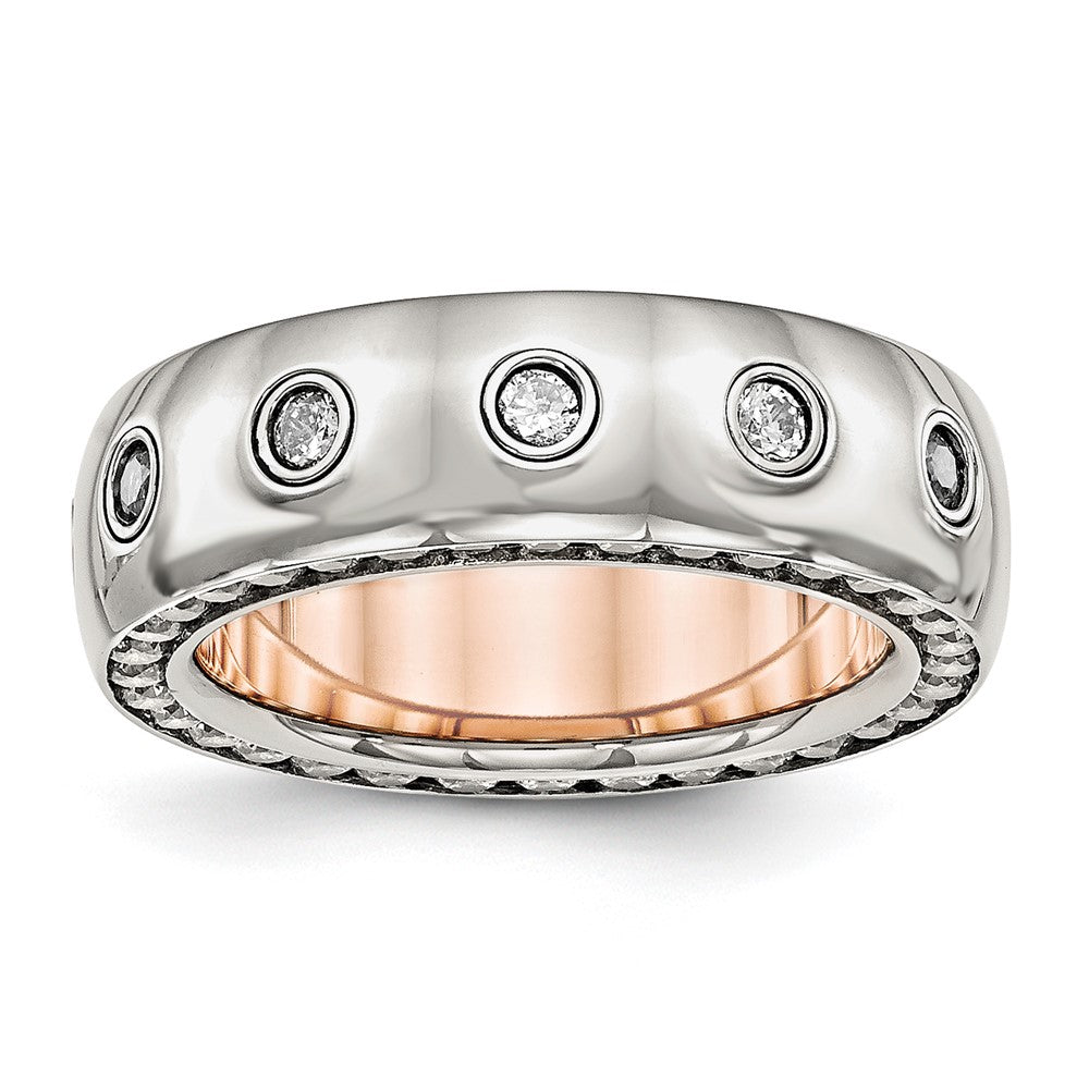 Chisel Stainless Steel Polished Rose IP-plated Inside with CZ Half Round 7mm Band