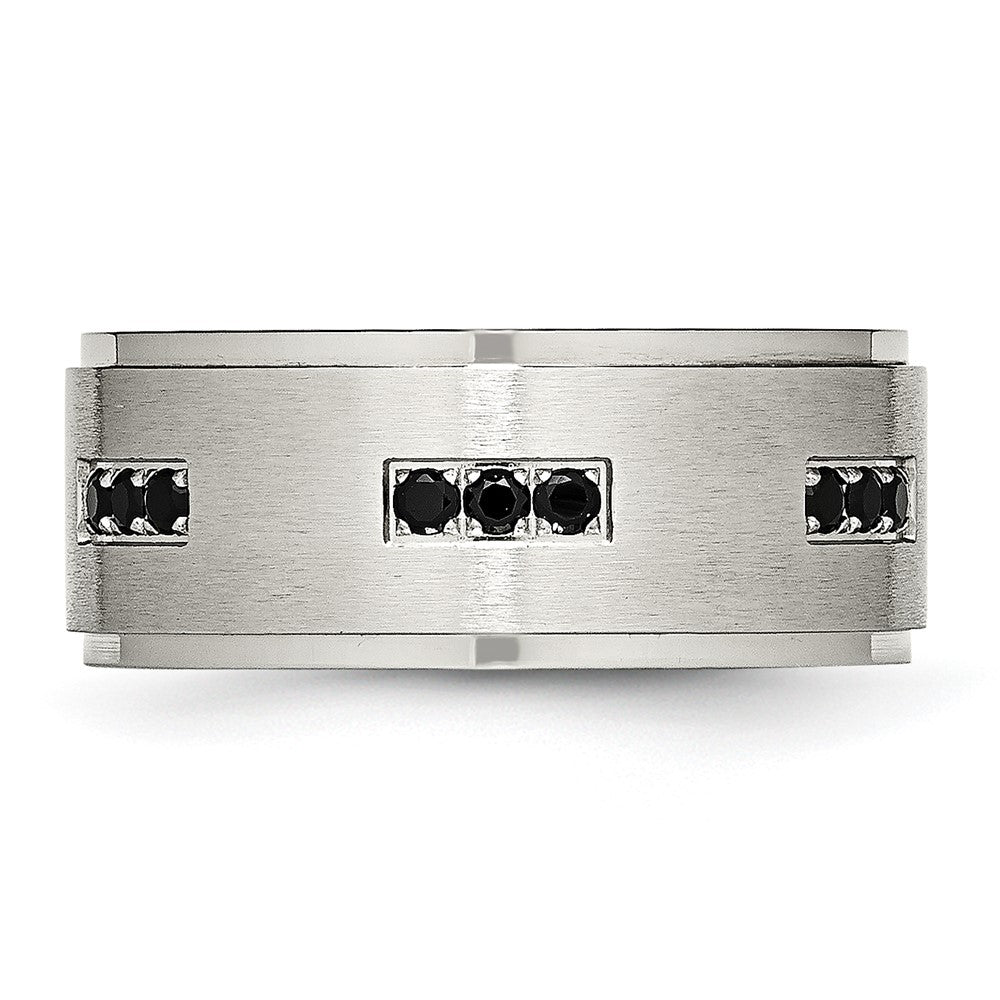 Stainless Steel Polished w/Brushed Center Black CZ 9mm Ridged Edge Band