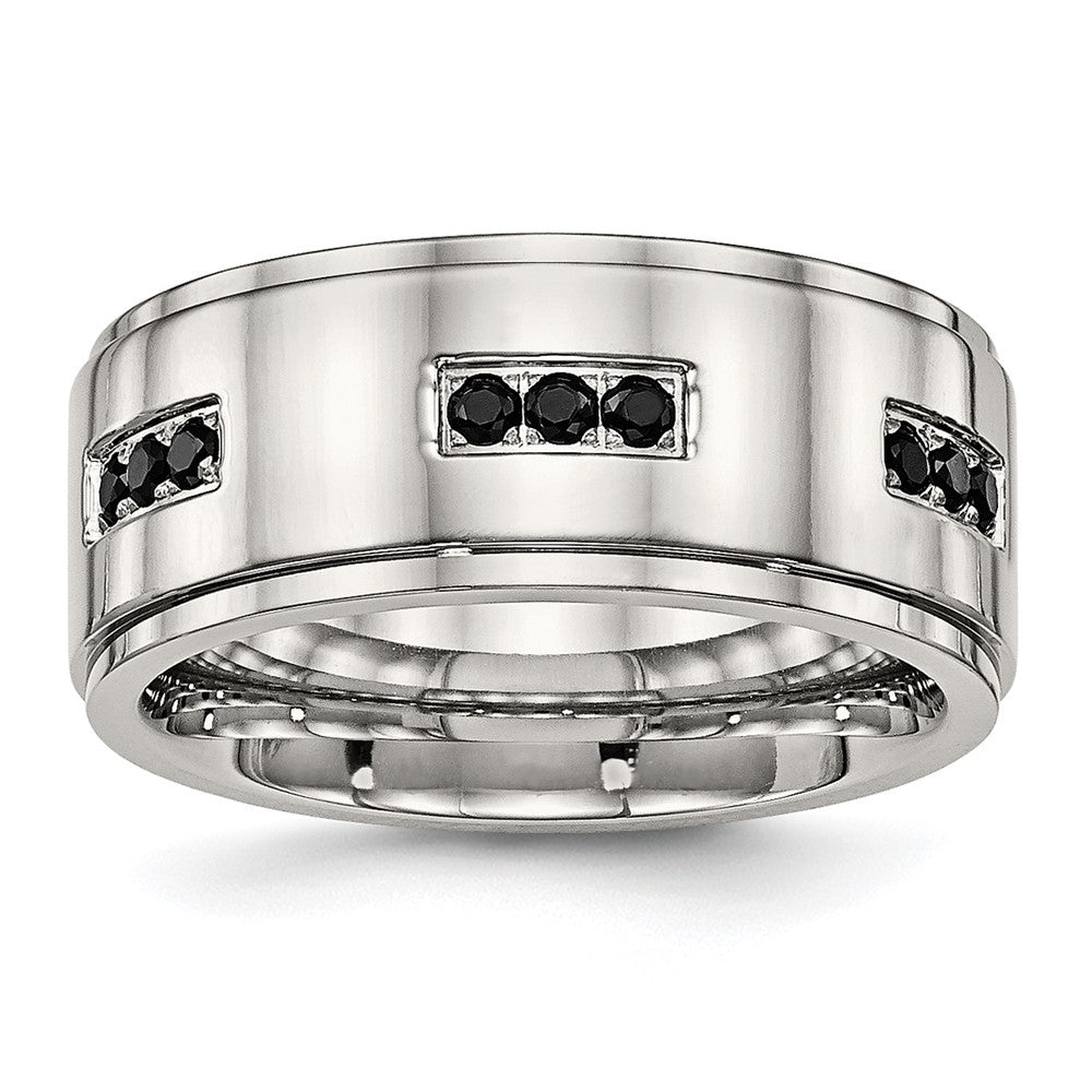 Stainless Steel Polished w/Black CZ 9mm Ridged Edge Band