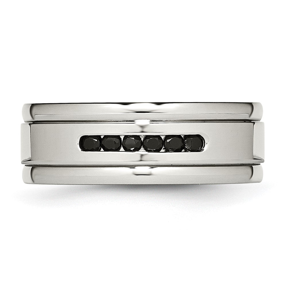Stainless Steel Polished w/Black CZ 8mm Grooved Band
