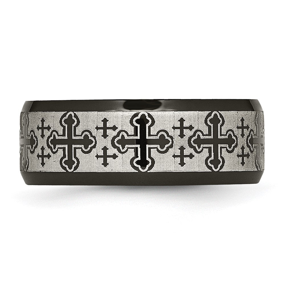 Stainless Steel Brushed/Polished Black IP Laser Etched Crosses 8mm Band