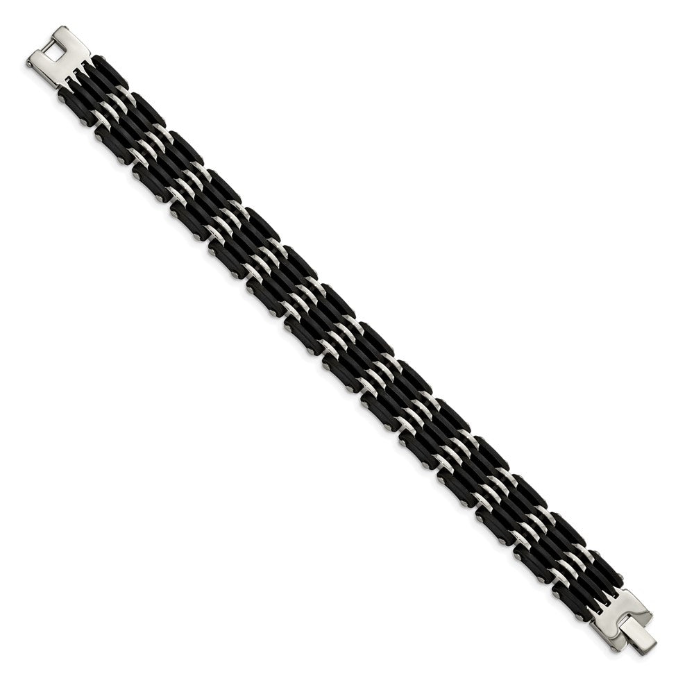 Chisel Stainless Steel Polished with Black Rubber 8.25 inch Link Bracelet
