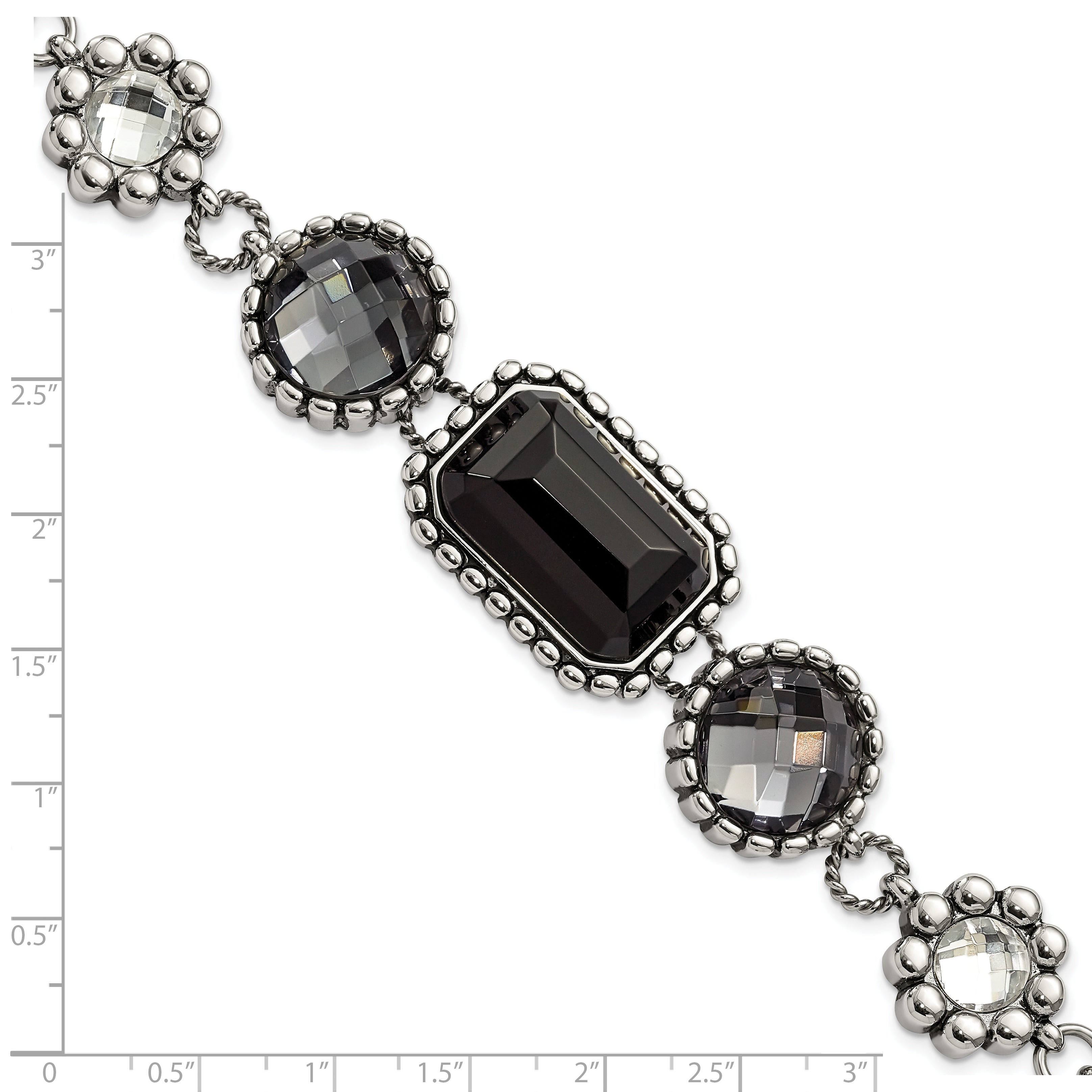 Stainless Steel Polished/Antiqued Glass Beaded w/1in ext. Bracelet