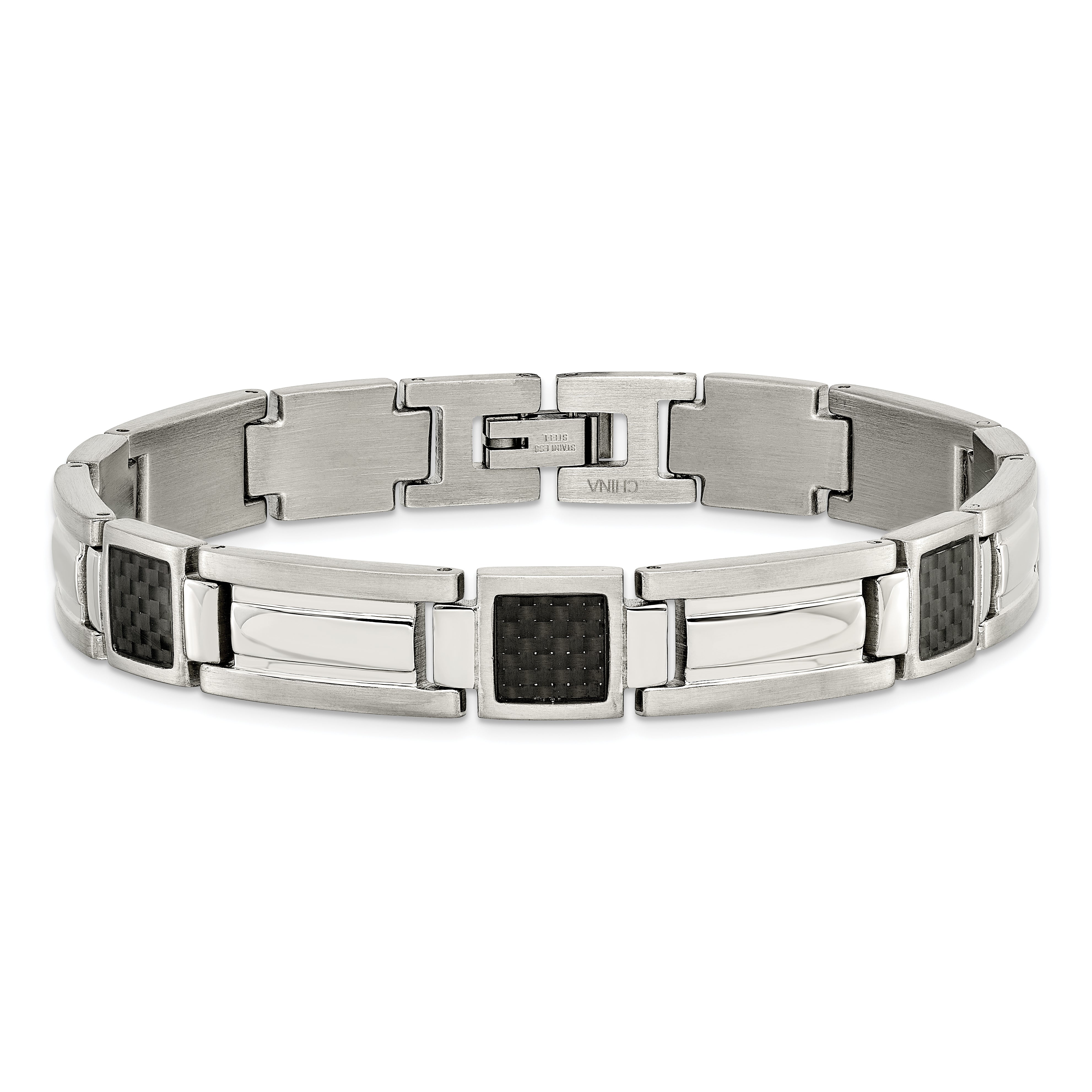Chisel Stainless Steel Polished With Black Carbon Fiber Inlay 8.75 Inch Link Bracelet