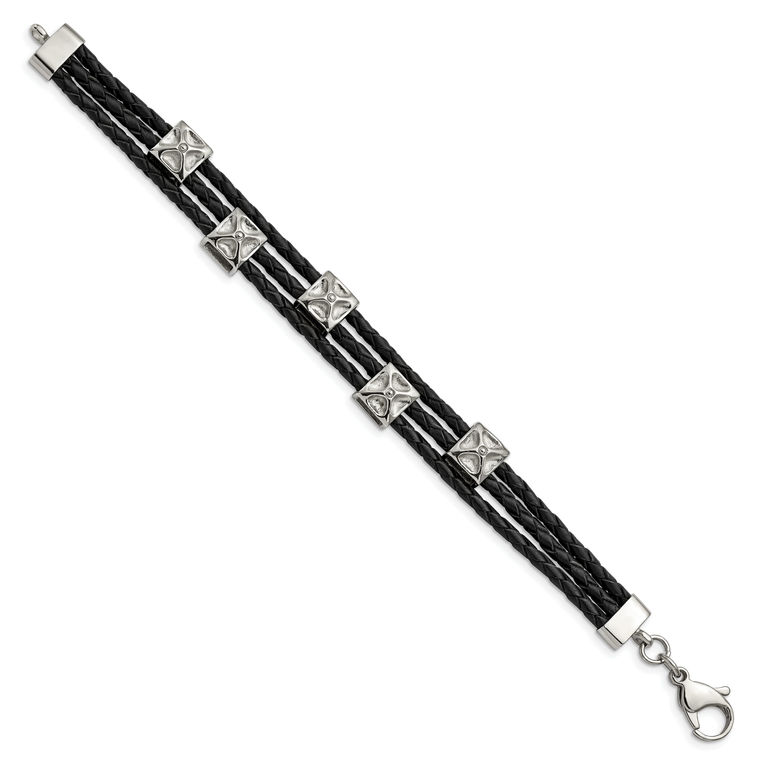 Stainless Steel Polished Black Leather 8.5in Bracelet