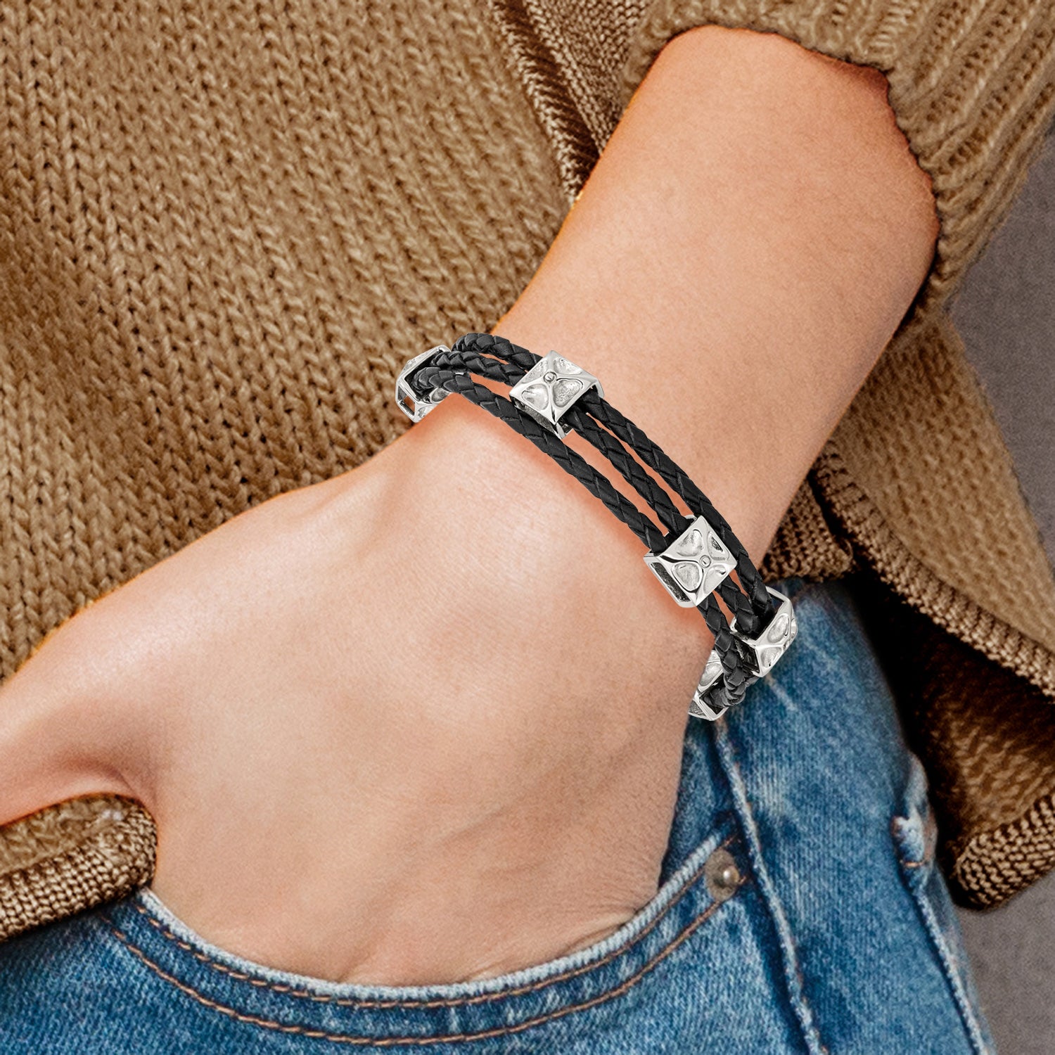 Stainless Steel Polished Black Leather 8.5in Bracelet