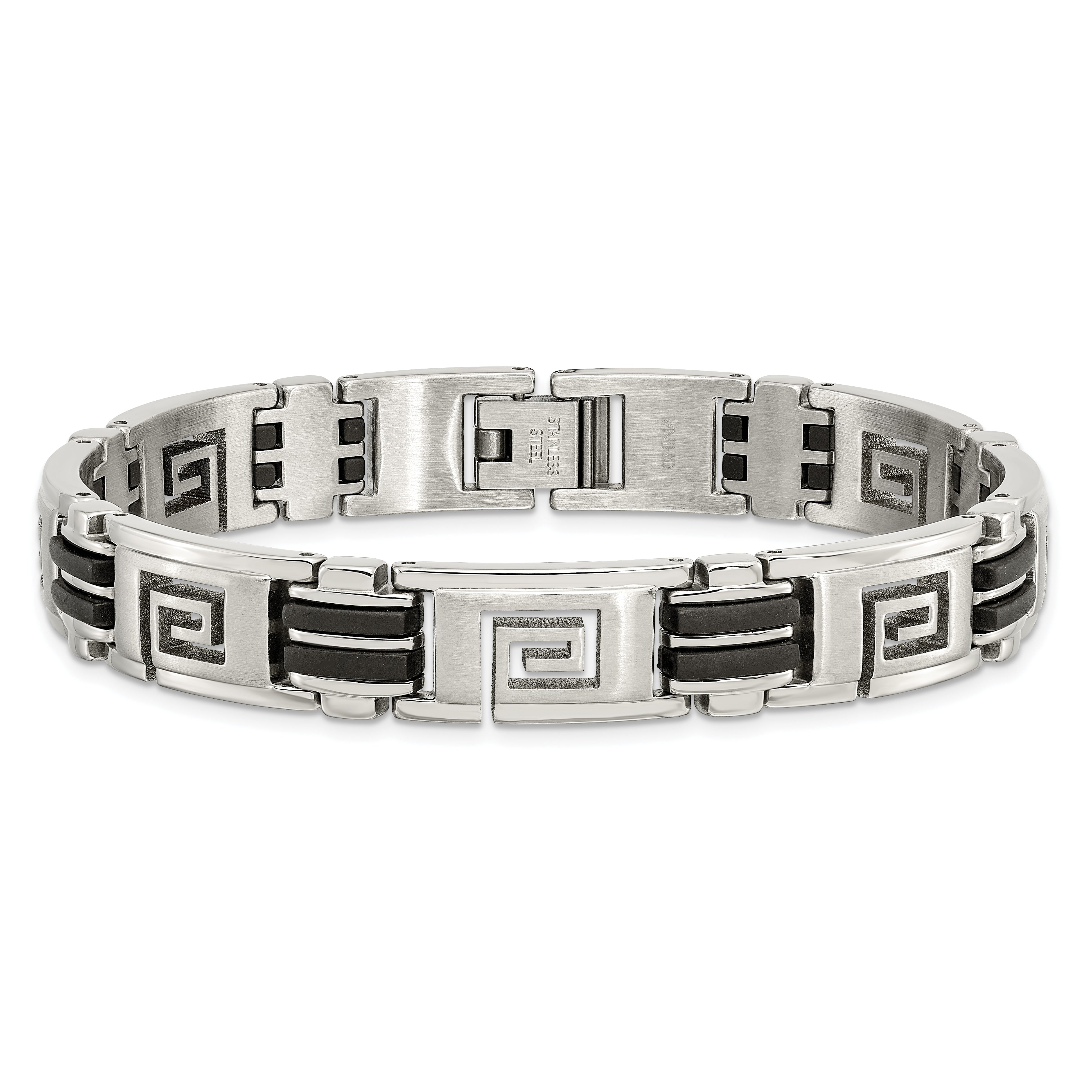 Chisel Stainless Steel Brushed And Polished Black Rubber Inlay Greek Key 8.5 Inch Bracelet