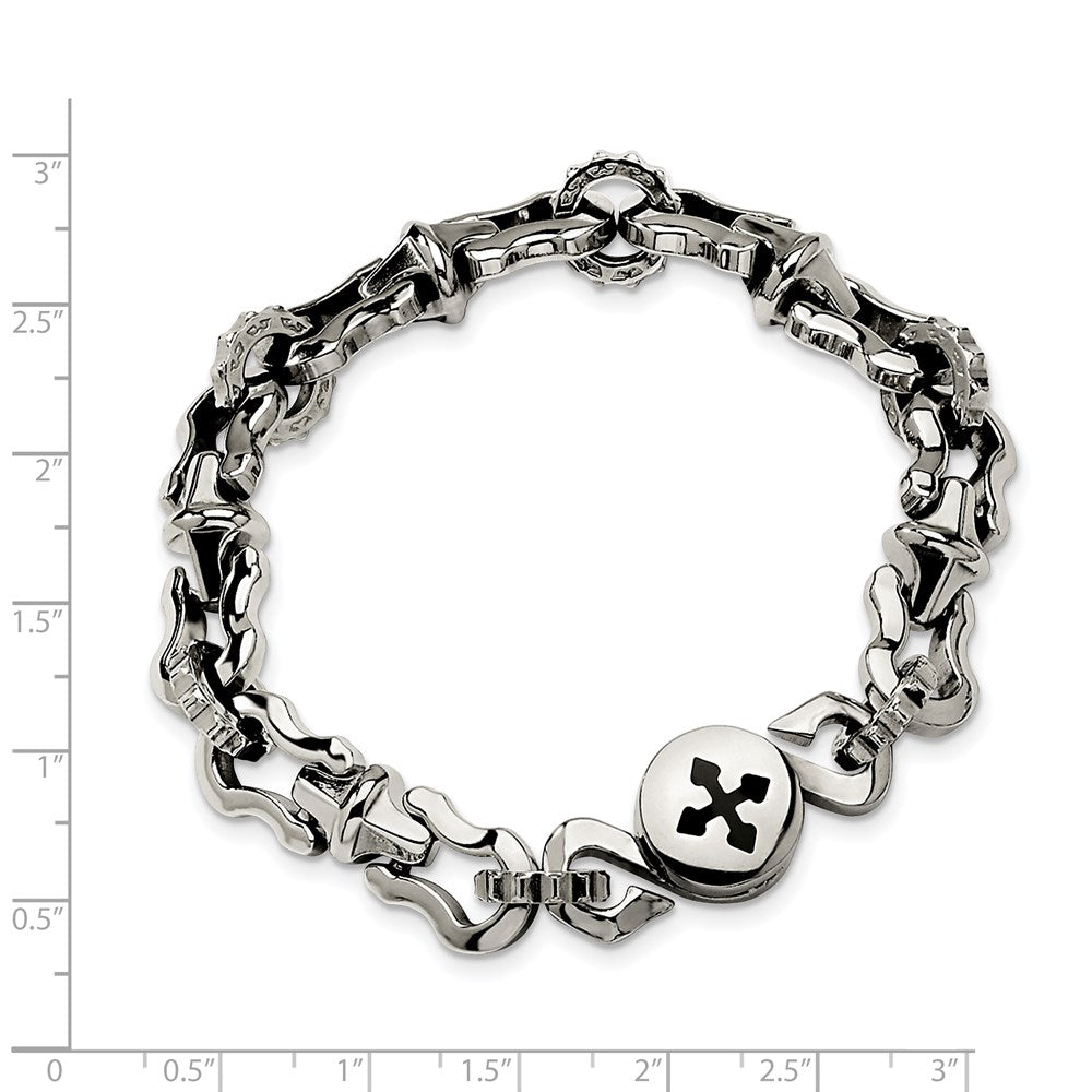 Stainless Steel Polished with Black Rubber Cross 8.5in Bracelet