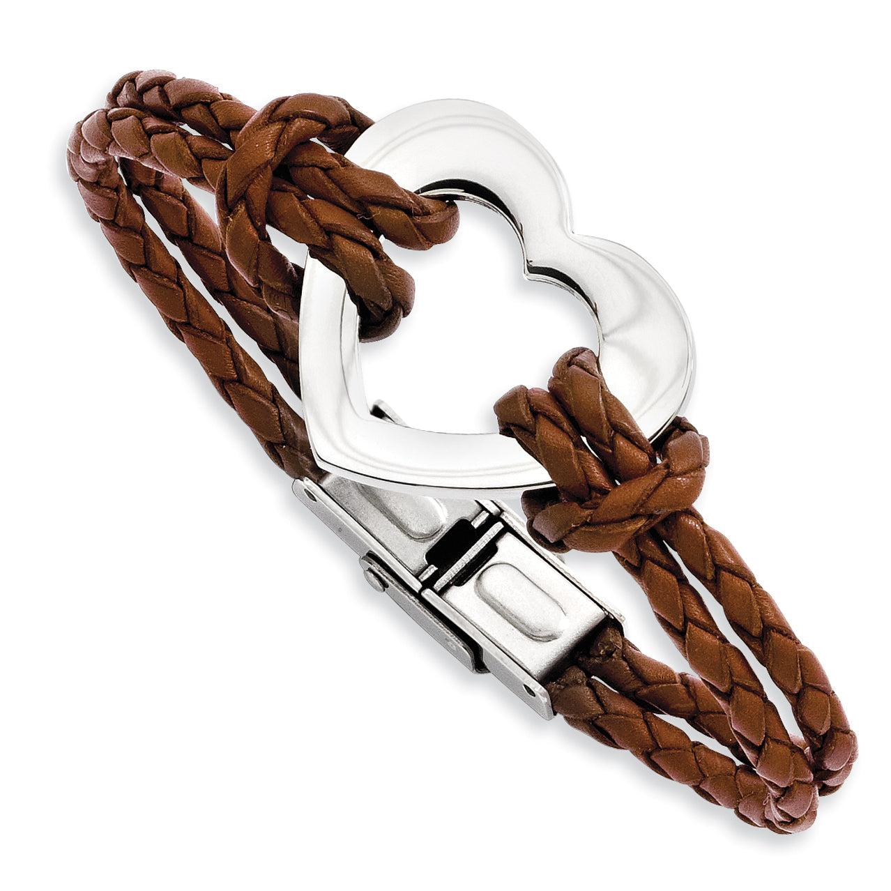 Chisel Stainless Steel Polished Heart Brown Braided Leather 7.5 inch Bracelet