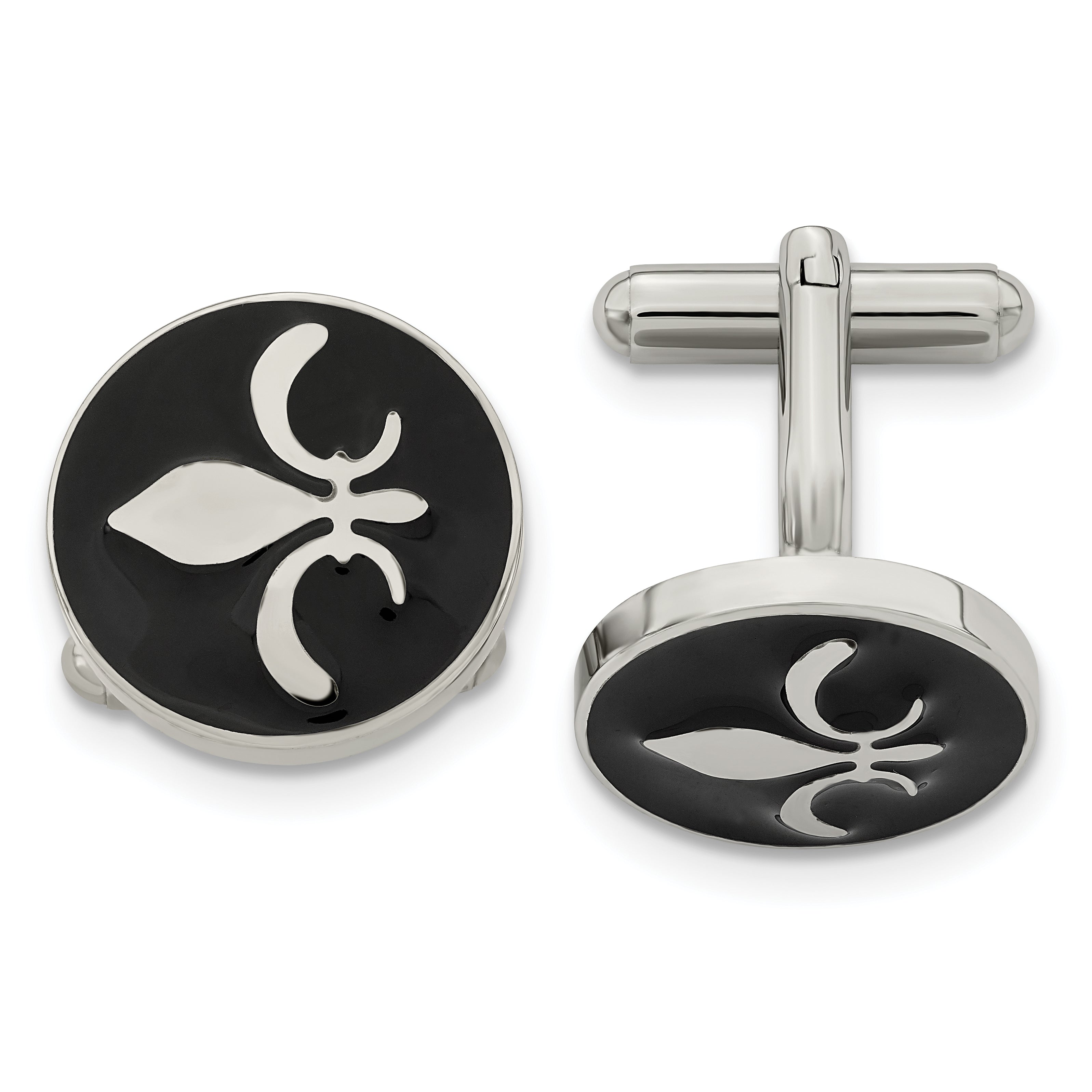 Chisel Stainless Steel Polished Enameled With Fleur De Lis Circle Cufflinks