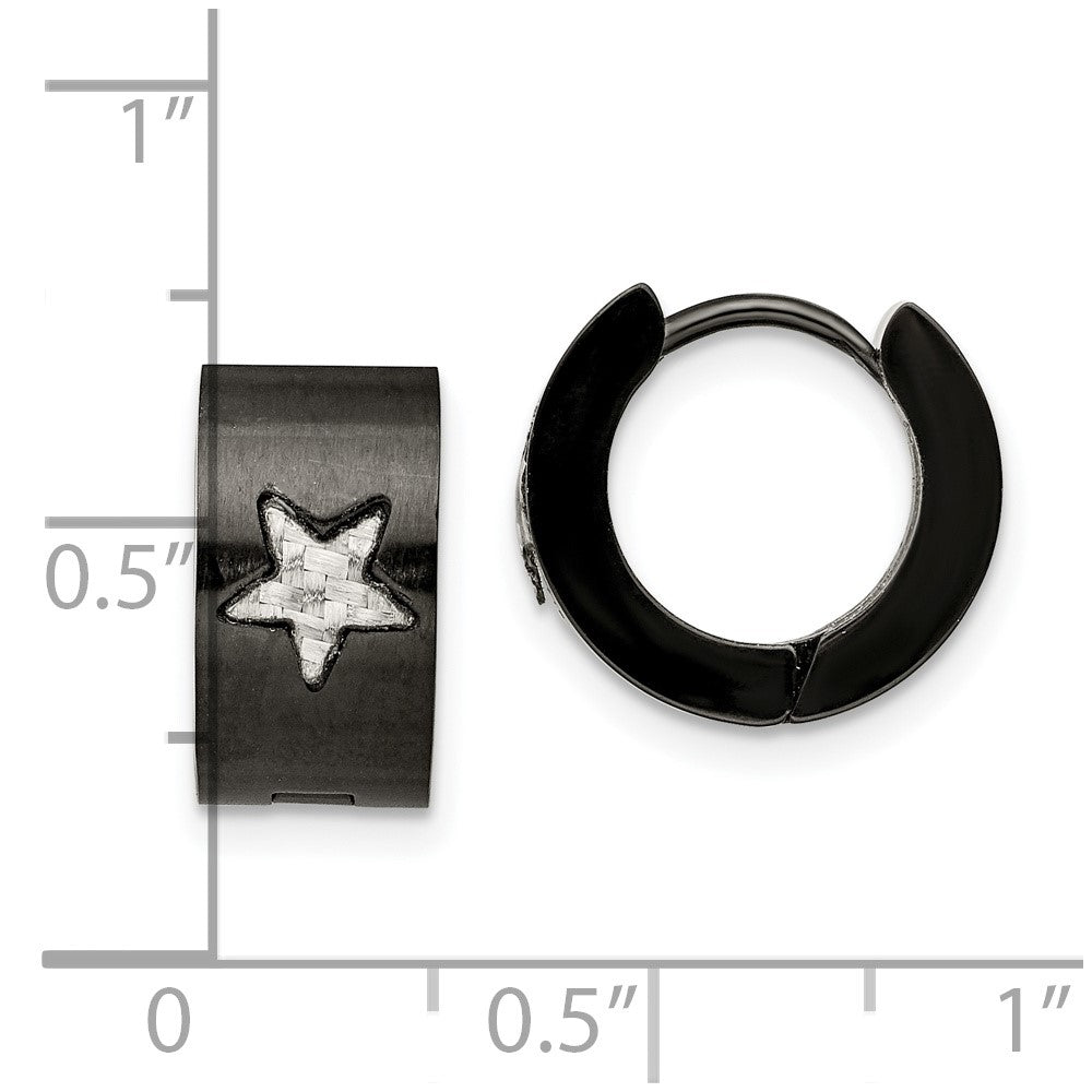 Chisel Stainless Steel Brushed Black IP-plated with Grey Carbon Fiber Star Hinged Hoop Earrings