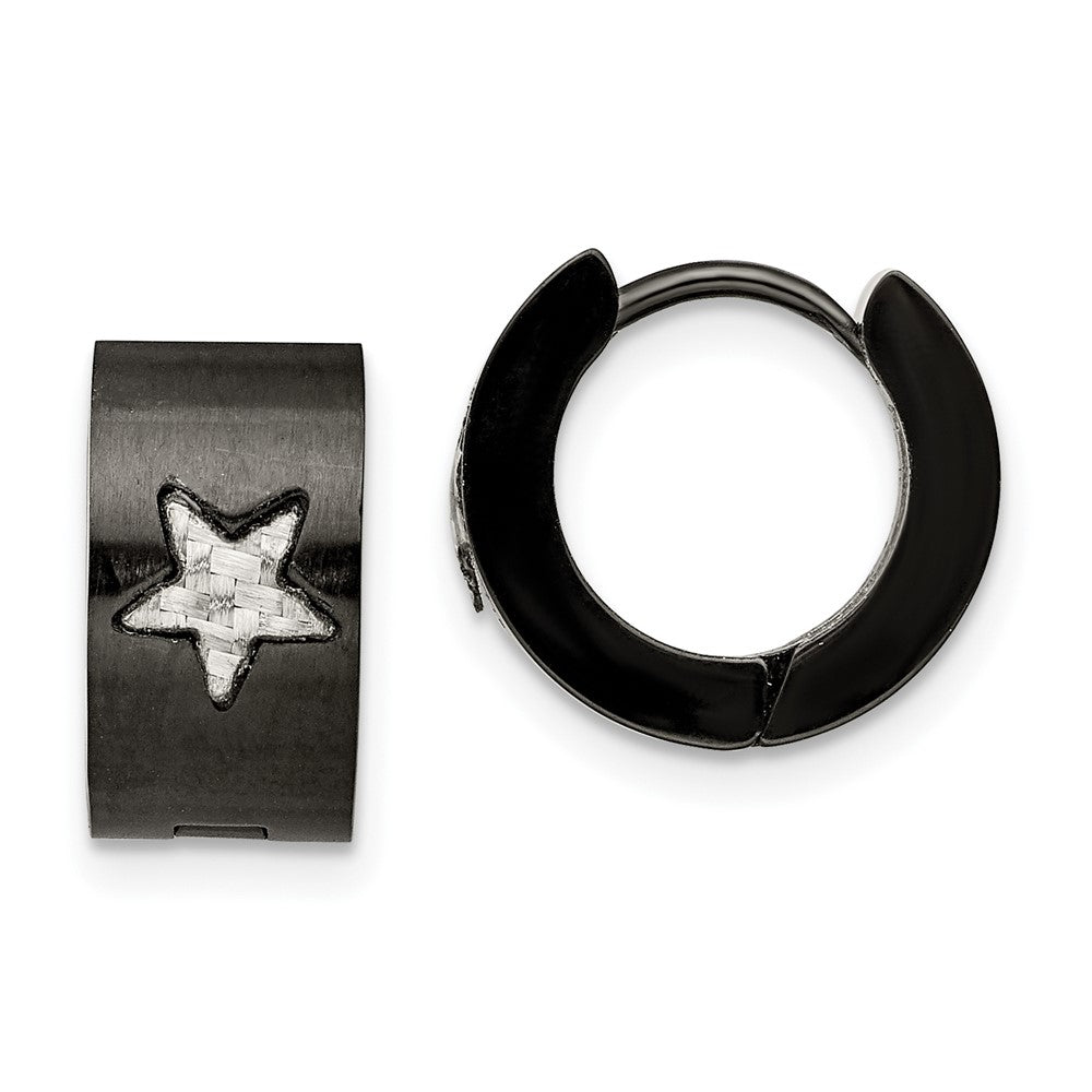 Chisel Stainless Steel Brushed Black IP-plated with Grey Carbon Fiber Star Hinged Hoop Earrings