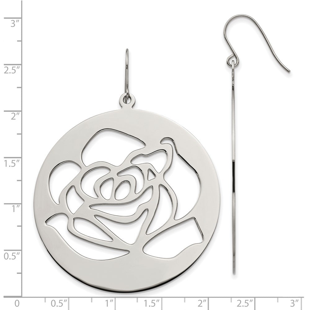 Stainless Steel Polished Rose Cut out Dangle Shepherd Hook Earrings