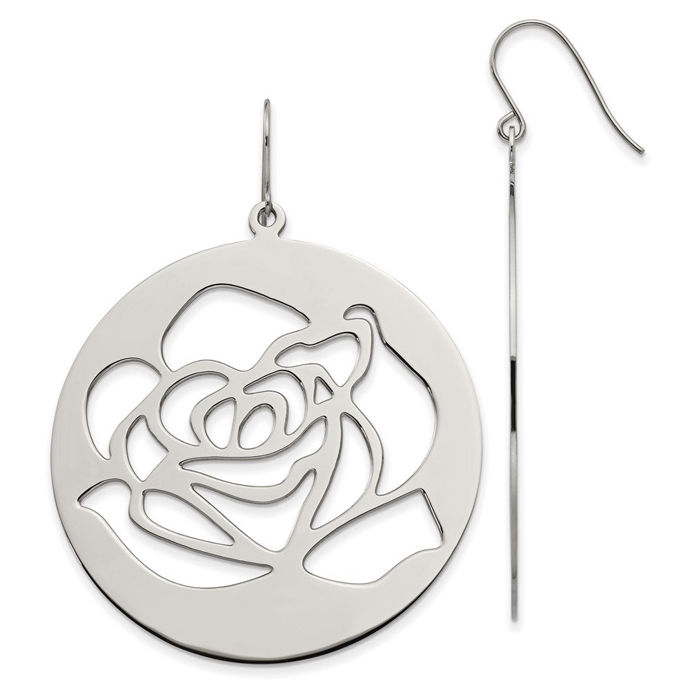 Stainless Steel Polished Rose Cut out Dangle Shepherd Hook Earrings